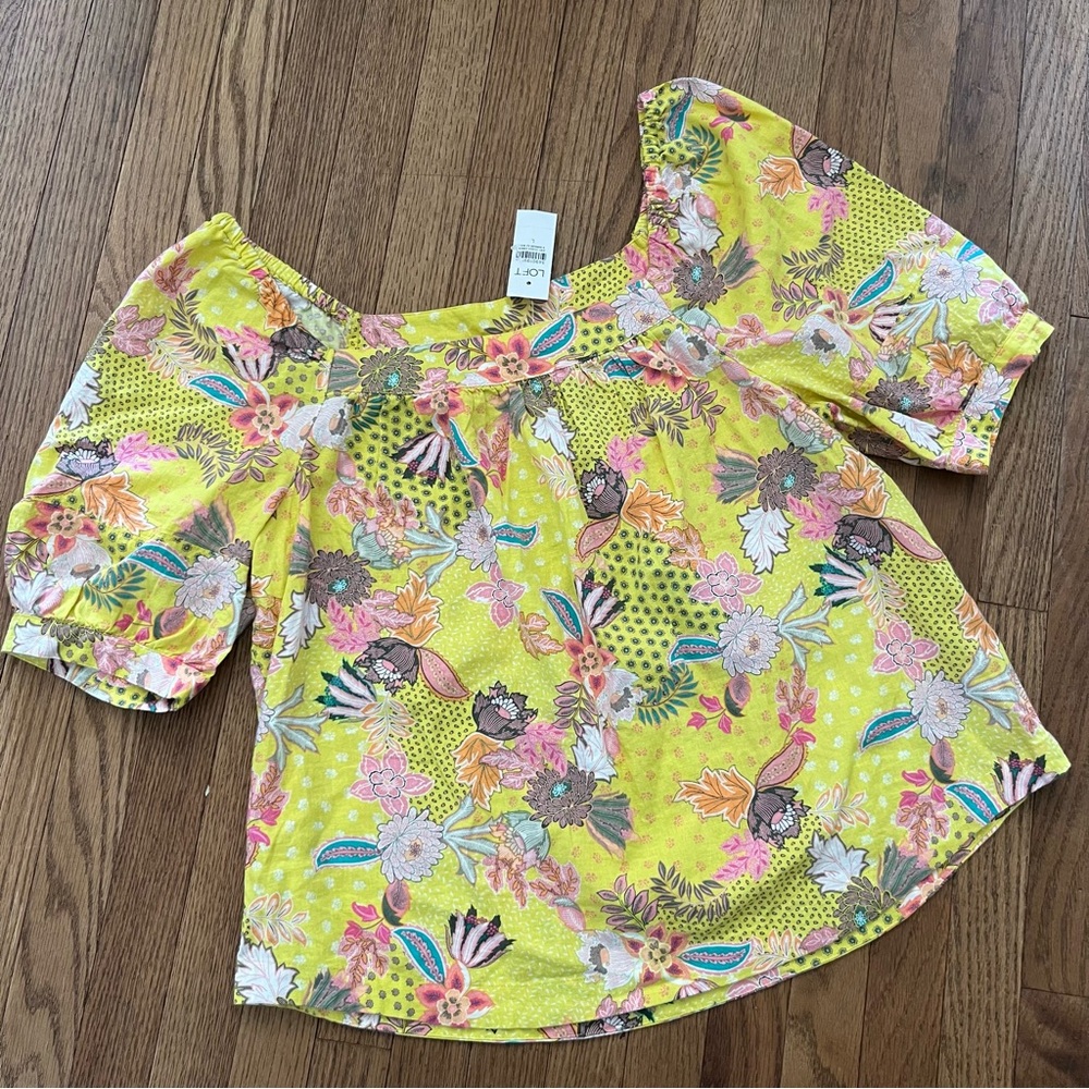 LOFT Square Neckline Linen Top Loose Fit Puff Sleeves Size Large